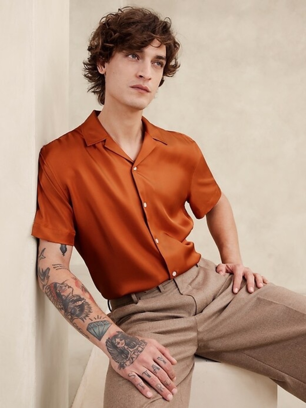 Banana Republic 100% Silk Short-Sleeve Camp Shirt in Burnt Orange